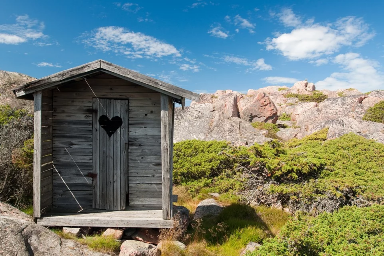 Wooden-outhouse-in-front-of-shrubs-and-rocks