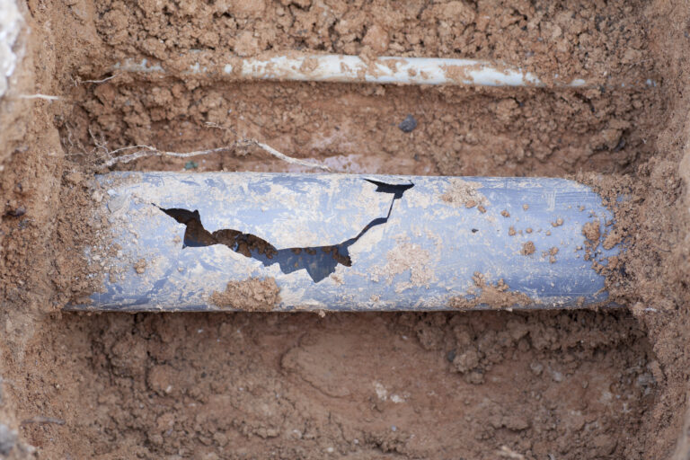 Cracked-sewer-pipe-exposed-in-dirt