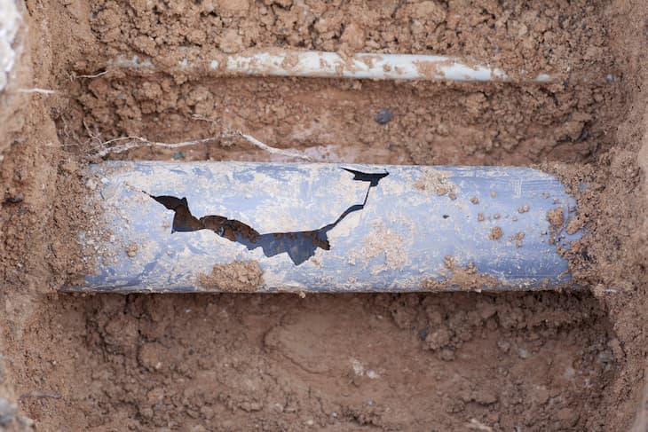 Broken sewer pipe line under dirt