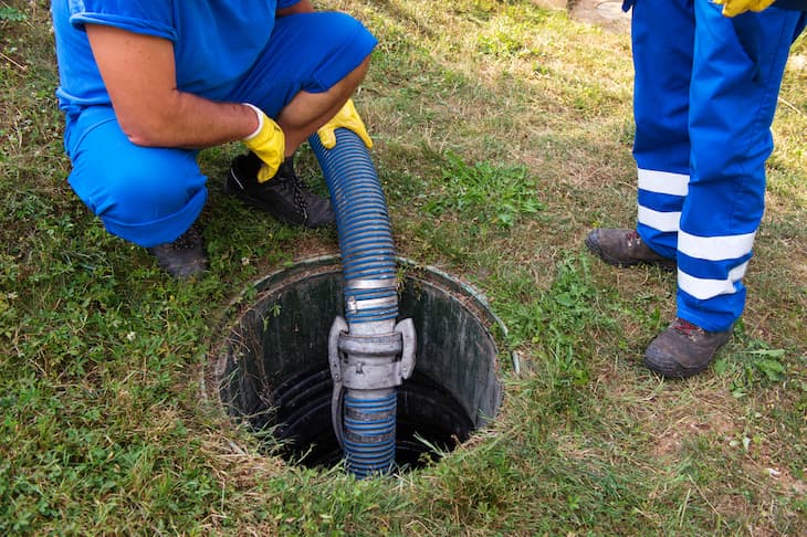 2 workers on blue suits solving septic tank problems with hose