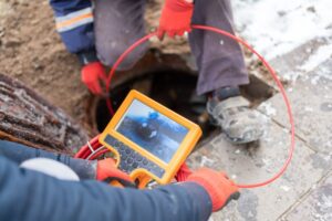 two technicians inspect sewer line with camera