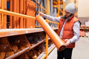 man holding new sewer pipe at hardware store