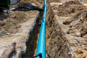 Underground utility pipe installed in a trench at a construction site