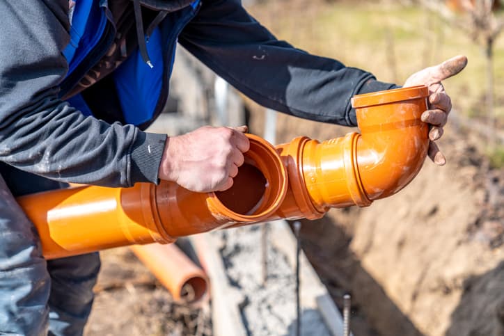 Worker connecting underground drainage pipes during an outdoor installation