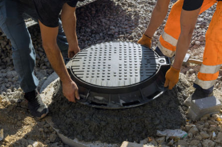 Crew installing or replacing a septic tank manhole cover as part of system repair – Peak Sewer expert technicians.