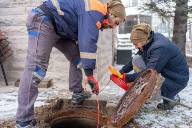 Sewer repair crew using inspection camera and tools to diagnose blocked or damaged sewer line outdoors.