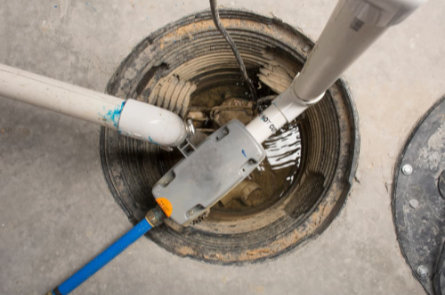 Close-up of a basement floor drain being cleaned, showing pipes and equipment removing debris and wastewater.