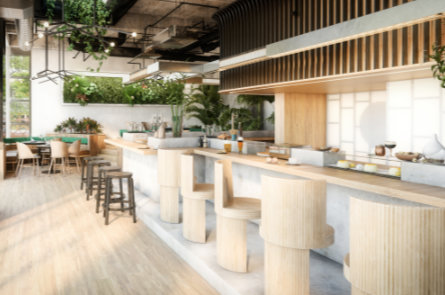 Modern café counter and dining area, representing commercial kitchen drain cleaning needs.