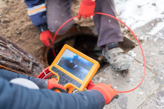 Technicians performing a sewer camera inspection using a video monitor to examine the inside of an underground pipe.