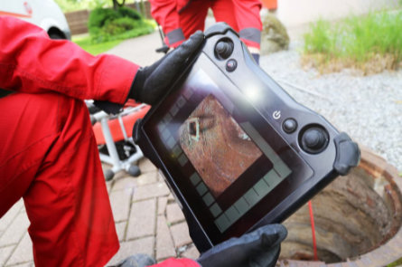 Worker reviewing live sewer camera footage on a handheld tablet while inspecting the interior of a sewer line.