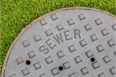Close-up of a metal sewer manhole cover surrounded by green grass, representing sewer system access for maintenance.