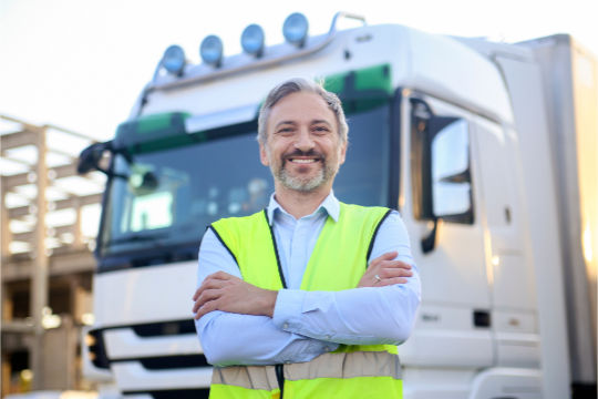 Smiling steam truck operator wearing a high-visibility vest standing in front of a large service truck used for sewer cleaning in Edmonton.