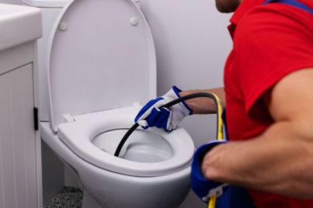 Technician using an auger to clear a toilet clog during Peak Sewer’s professional drain steam cleaning service.