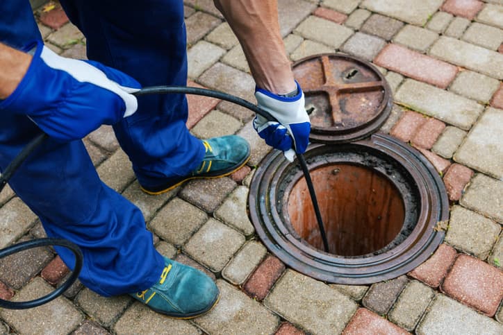Technician inspecting a residential sewer line through an open manhole